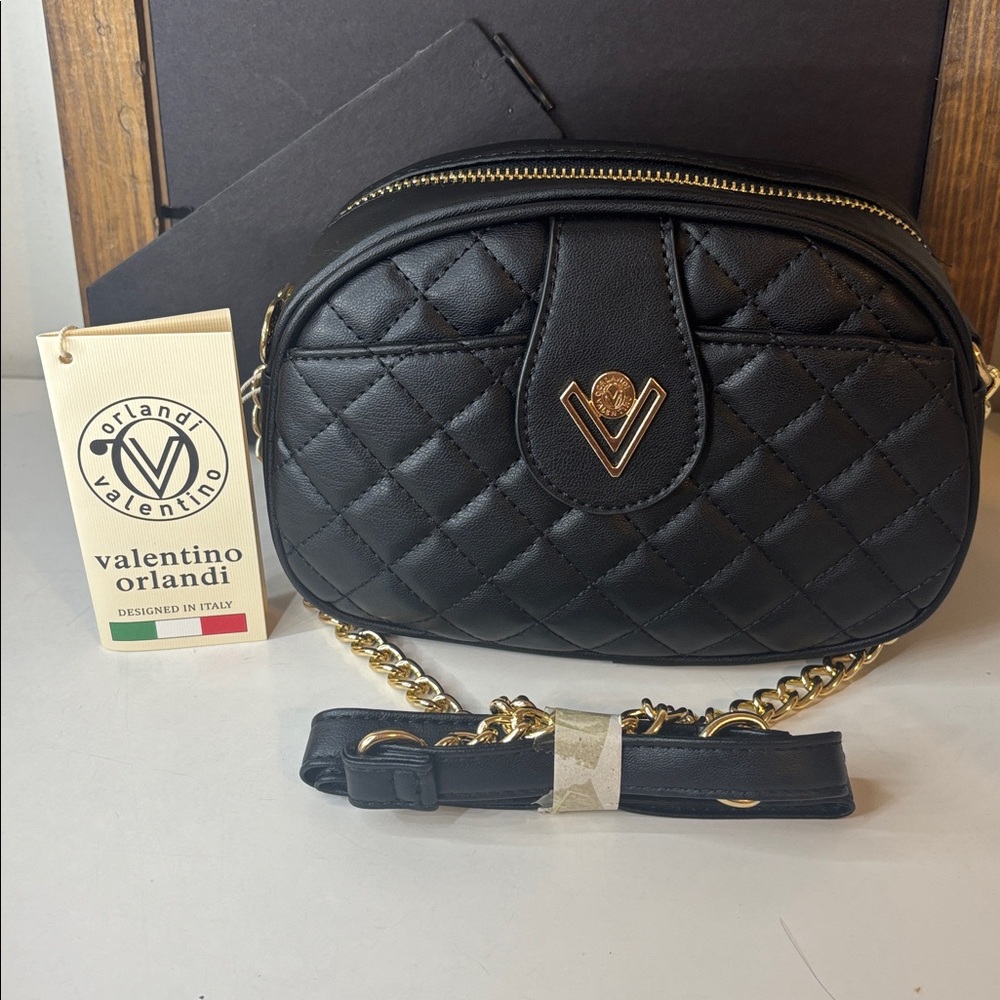 Valentino Orlandi Quilted Black Bag with Gold Chain